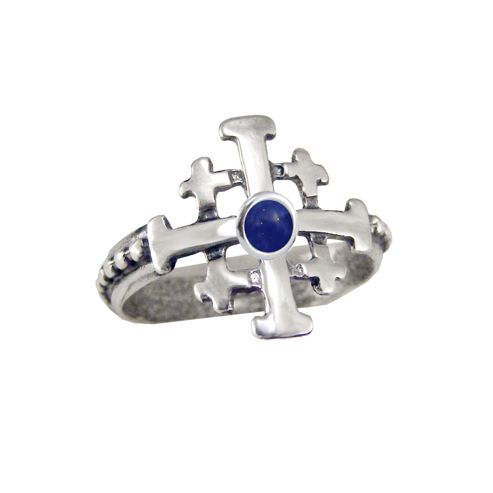 Sterling Silver Jerusalem Cross Ring With Lapis Lazuli Size 7